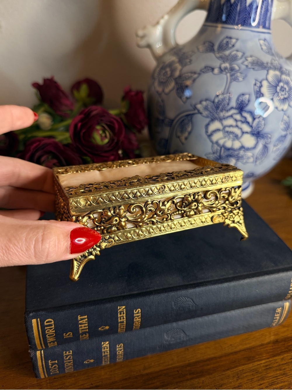 Vintage Brass Travel Tissue Holder Ornate Filigree Footed Hollywood Regency